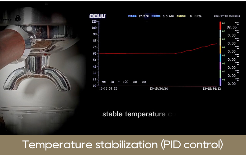 Portafiltro de máquina de espresso con gráfico de temperatura. Control PID muestra temp. estable.