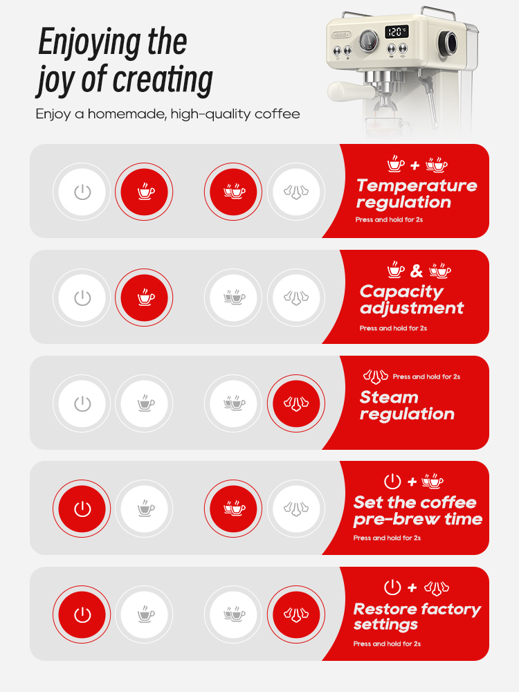 Una cafetera con controles de temperatura, capacidad, vapor, tiempo de preinfusión y ajustes de fábrica.