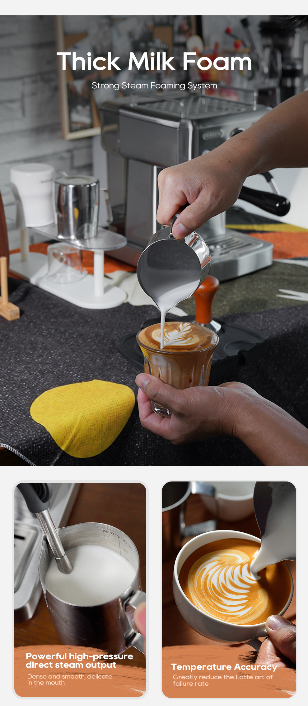Barista vierte espuma de leche en café para crear arte latte. Primer plano.