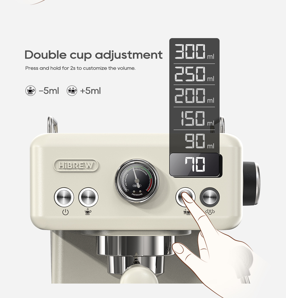 Cafetera beige con manómetro y ajuste digital de volumen.
