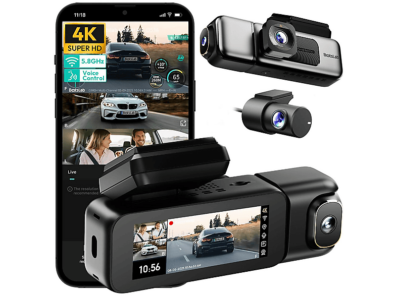 BOTSLAB G980H Pro 4K 3 Kameralı Wi-Fi GPS Akıllı 170° Süper Kapasitör Sesli Kontrol Gece Görüşlü Araç İçi Kamera