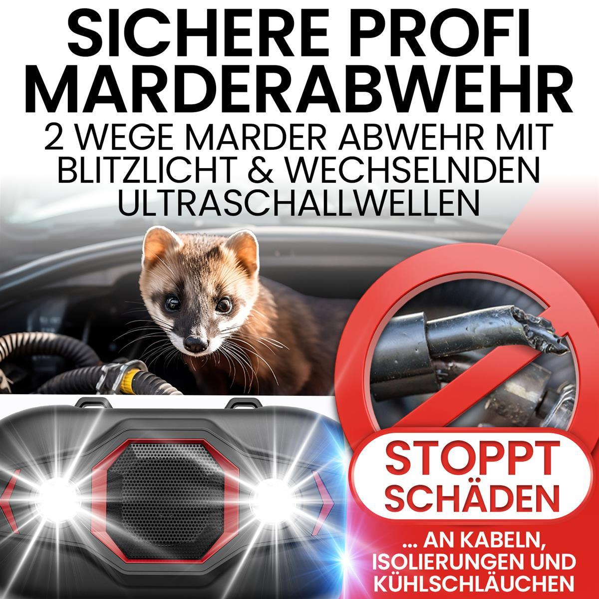Marderabwehrgerät mit Blitzlicht und Ultraschall gegen Marderschäden an Kabeln.