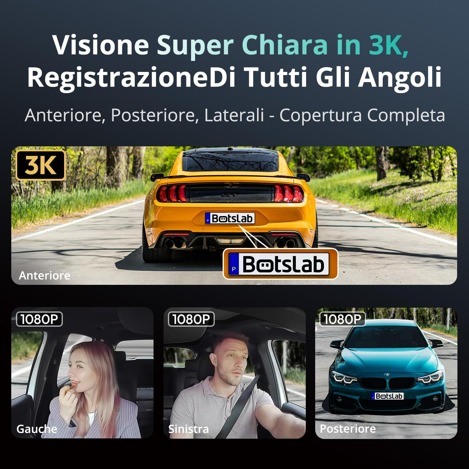 Vista posteriore 3K auto gialla; viste interne 1080p sinistra, interna e frontale.