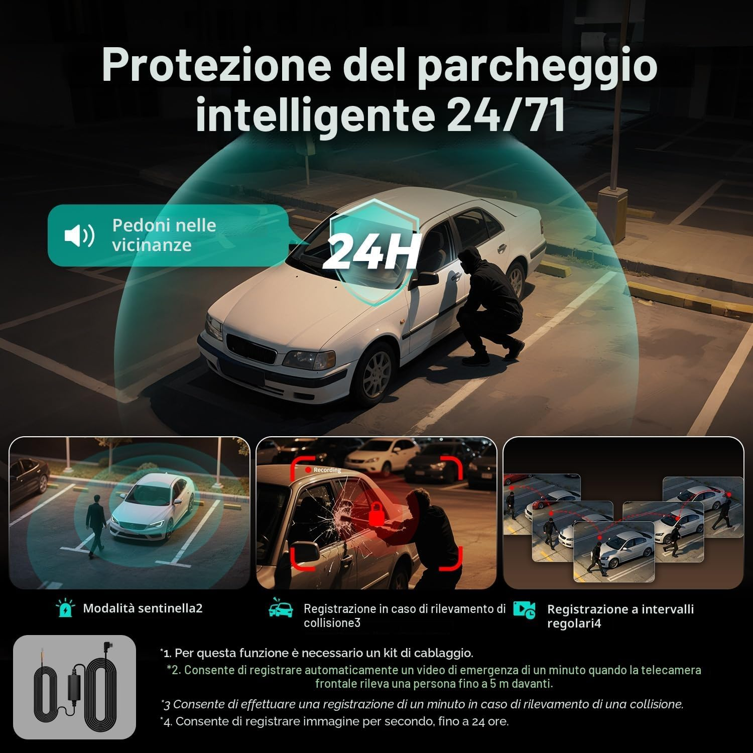 Sicurezza parcheggio: persona vicino auto, allarme collisione, registrazione time-lapse.