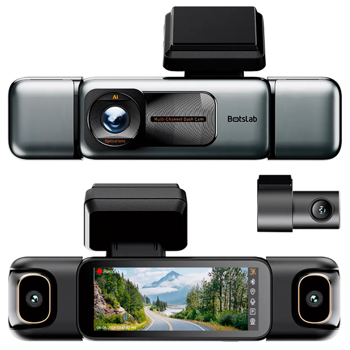 Due dashcam: Sopra grigia, sotto nera con schermo. Lo schermo mostra un paesaggio montano.