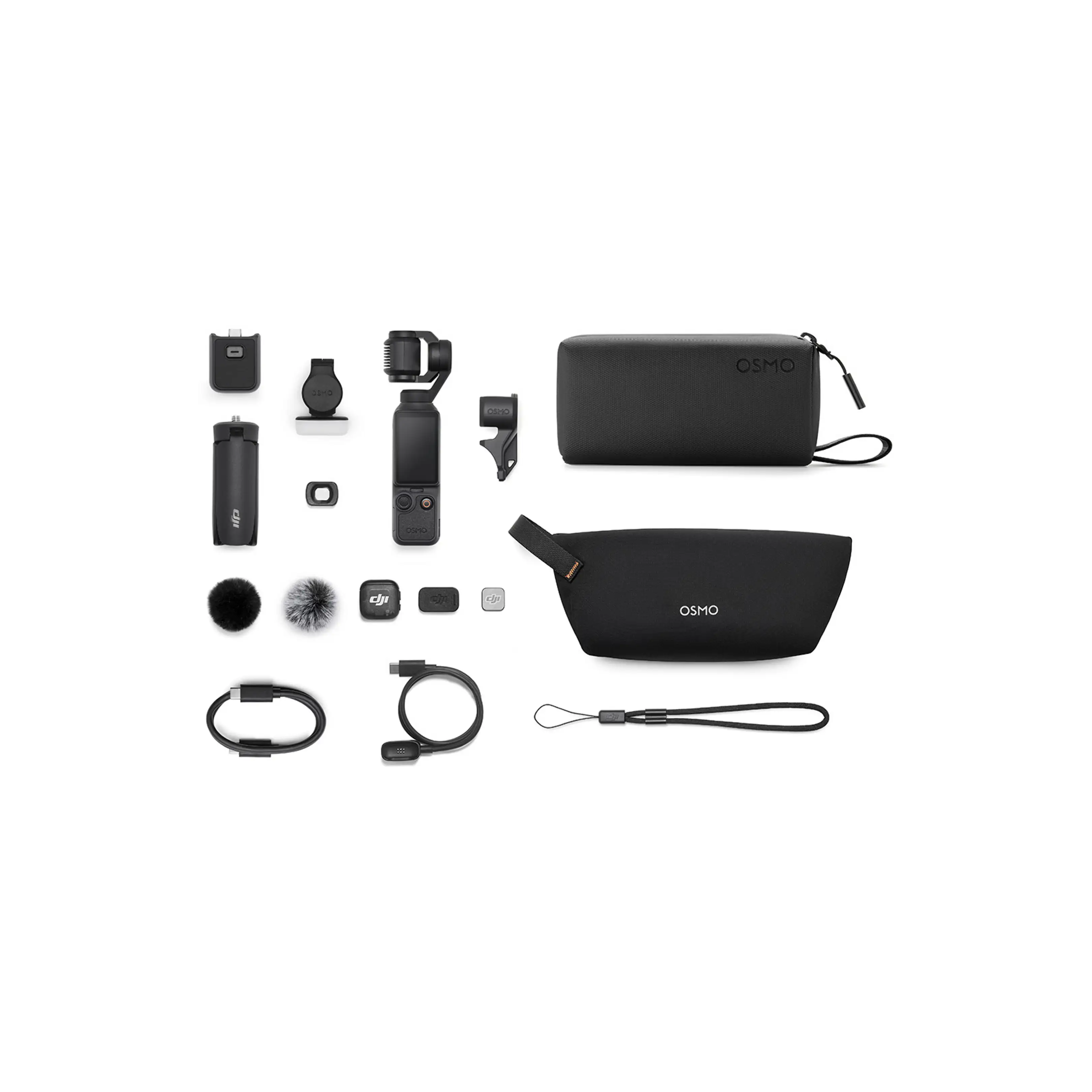 DJI Osmo Pocket aksesuarları: kamera, kılıflar, kablolar, rüzgar önleyici, adaptörler, bileklik.