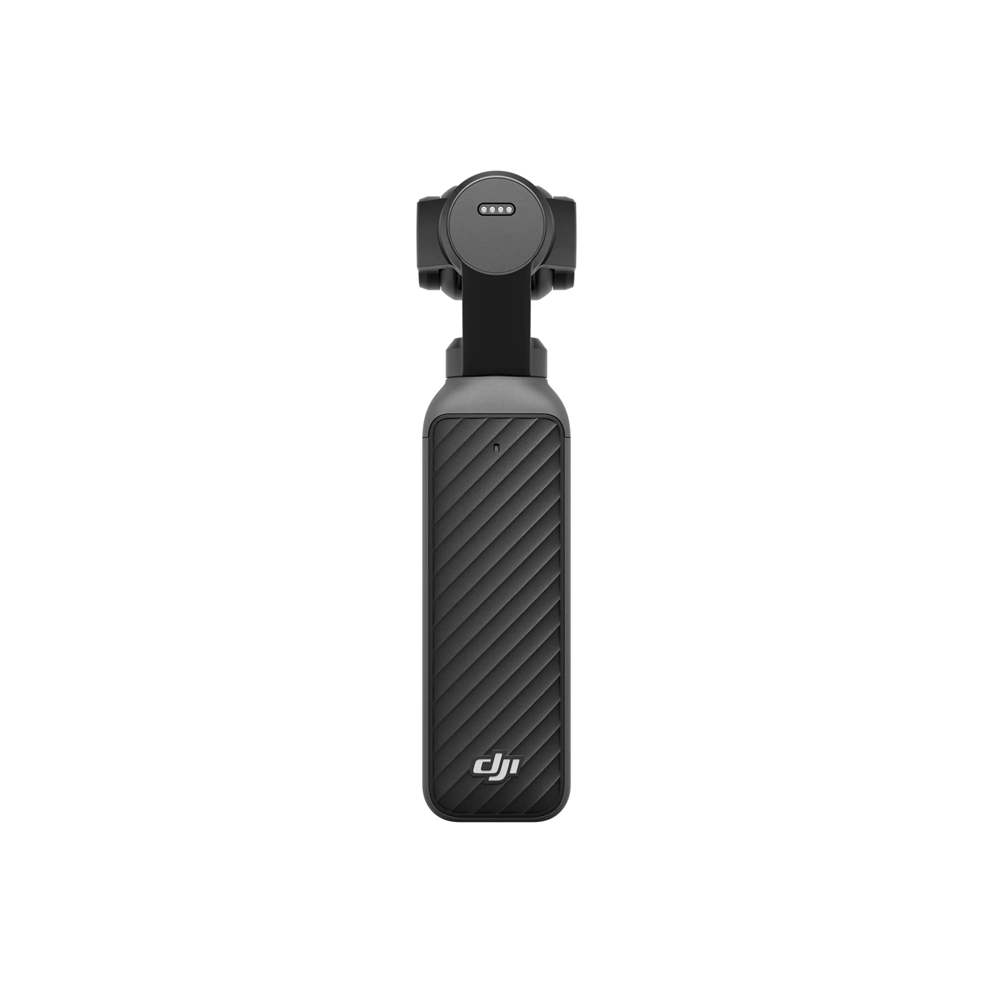 Doku tutma yeri ve DJI logosuna sahip koyu renkli gimbal, siyah zeminde.