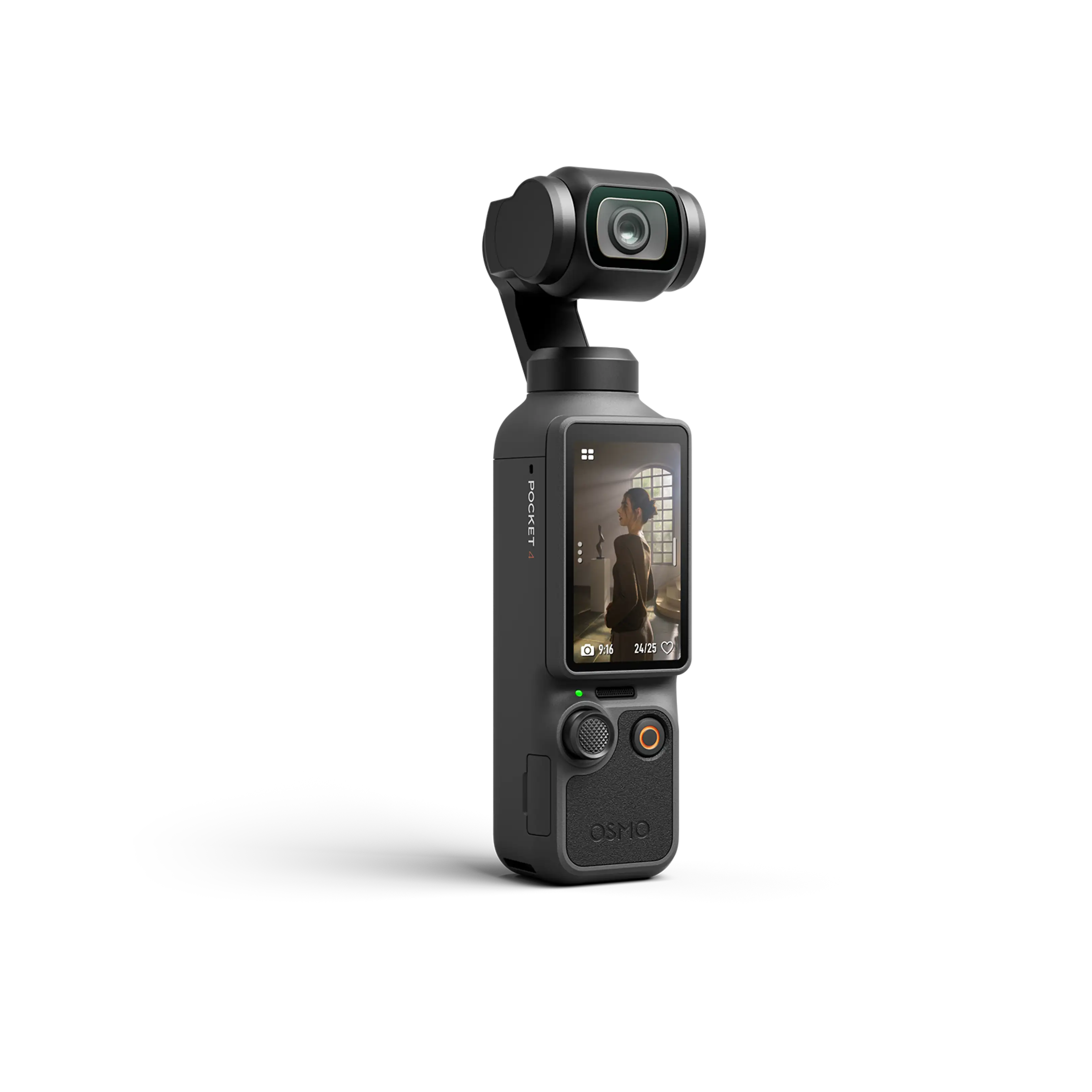 Siyah arka plan üzerinde kamera ve dokunmatik ekranlı gri gimbal dengeleyici.
