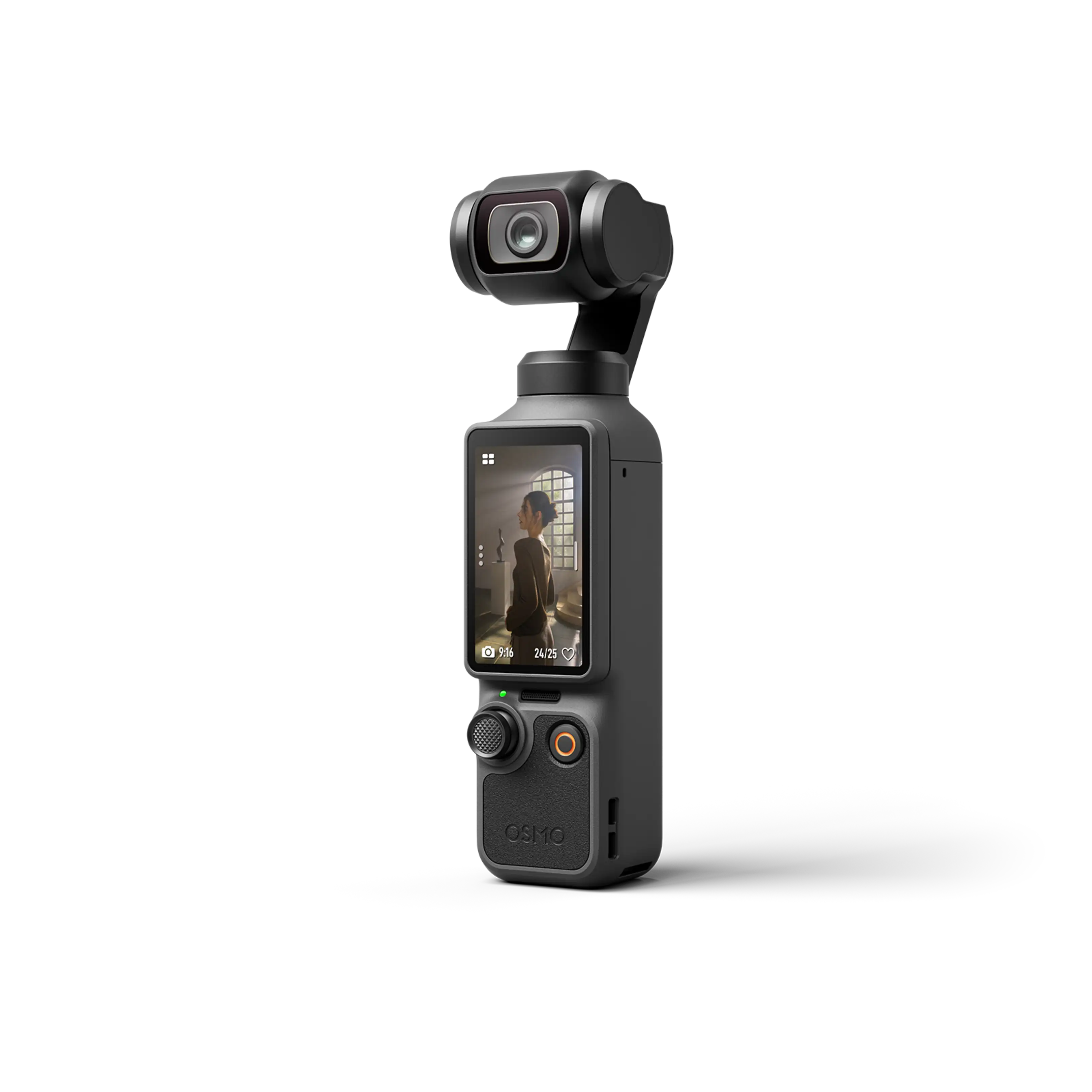 Bir kadını gösteren ekranlı gri gimbal kamera.