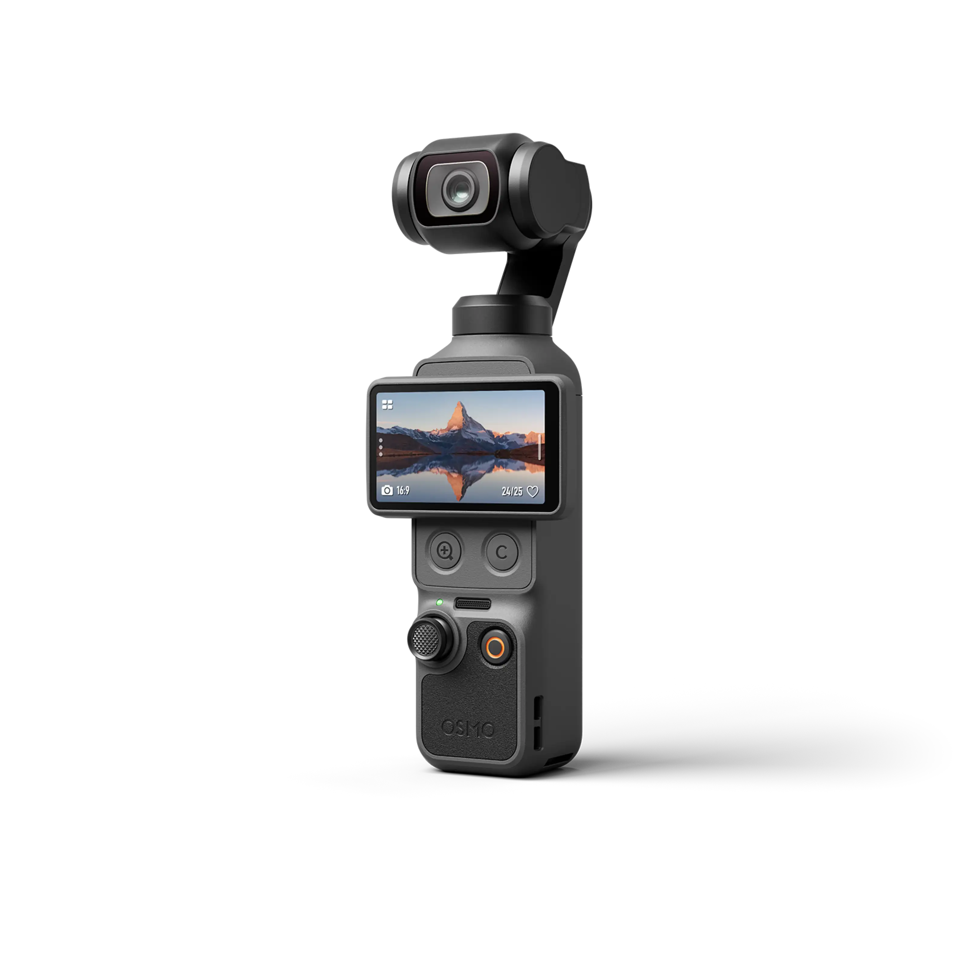 Ekranında dağ gölü ve zirvesi görünen koyu renkli gimbal kamera tutacağı.