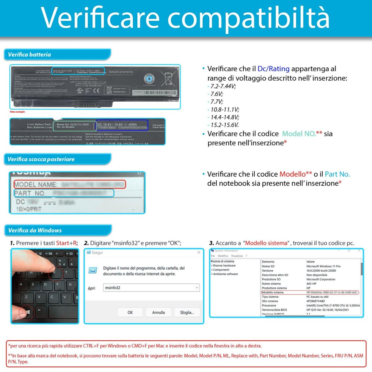Guida per verificare la compatibilità del laptop con le informazioni della batteria e del sistema.