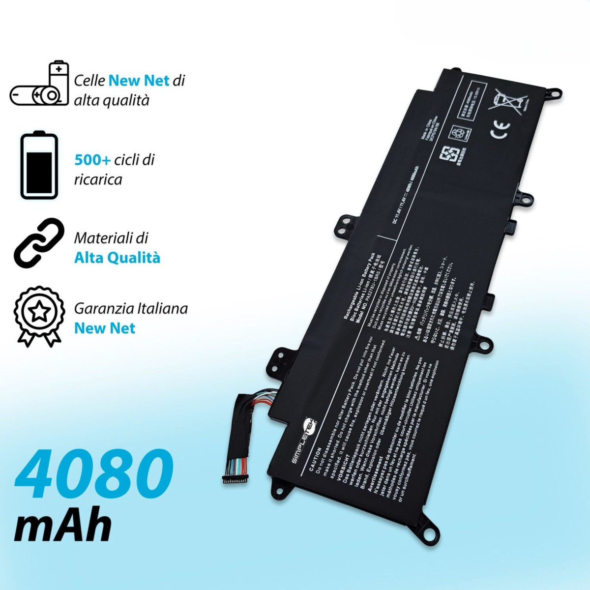 Batteria nera per laptop da 4080 mAh su sfondo blu.