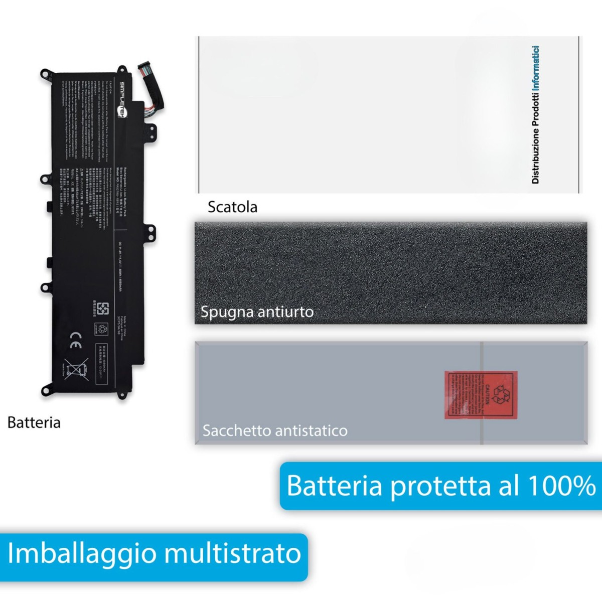Batteria nera per laptop, schiuma, sacchetto antistatico e scatola per imballaggio.
