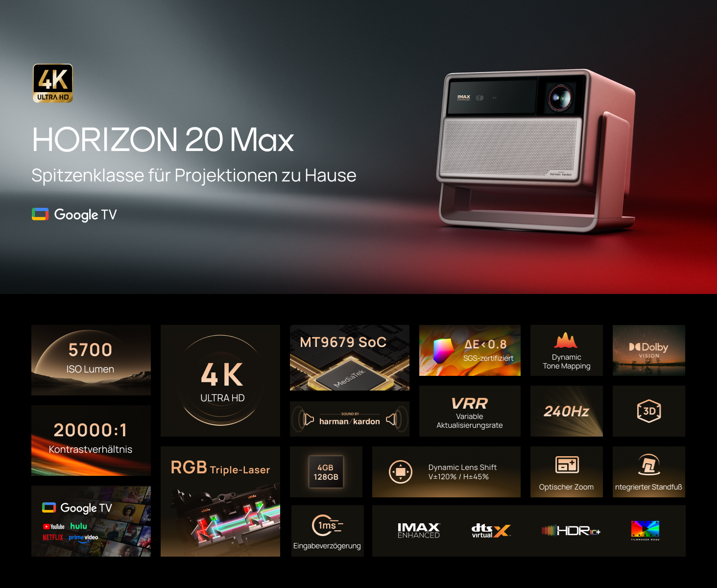 Der HORIZON 20 Max Projektor mit 4K, 5700 ISO Lumen, 20000:1 Kontrast.