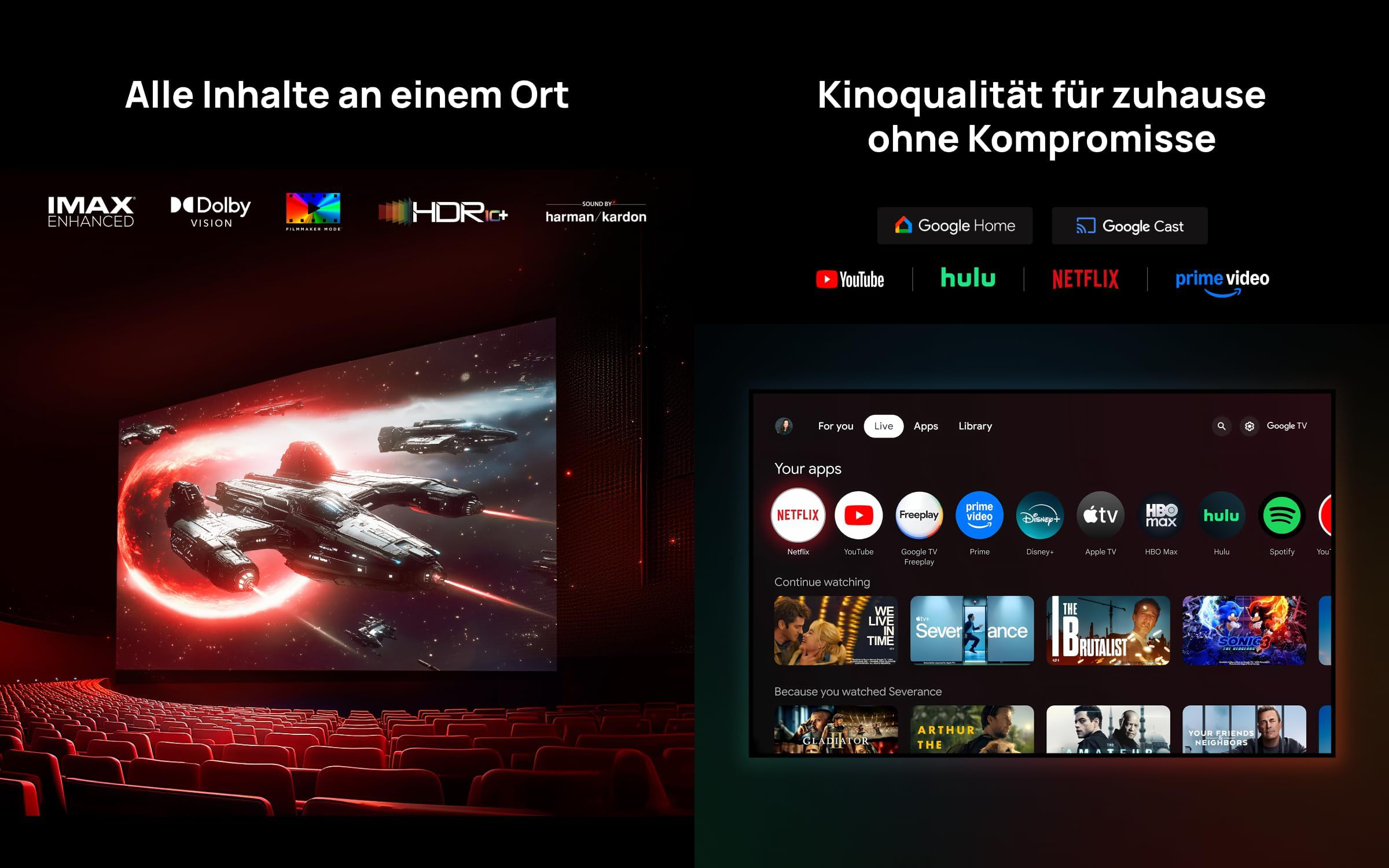 Kino mit Raumschiffen, rote Kinosessel und App-Menü mit Streaming-Diensten.