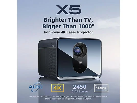 Ein Formovie 4K Laserprojektor Modell X5 wird auf einem grauen Hintergrund gezeigt.