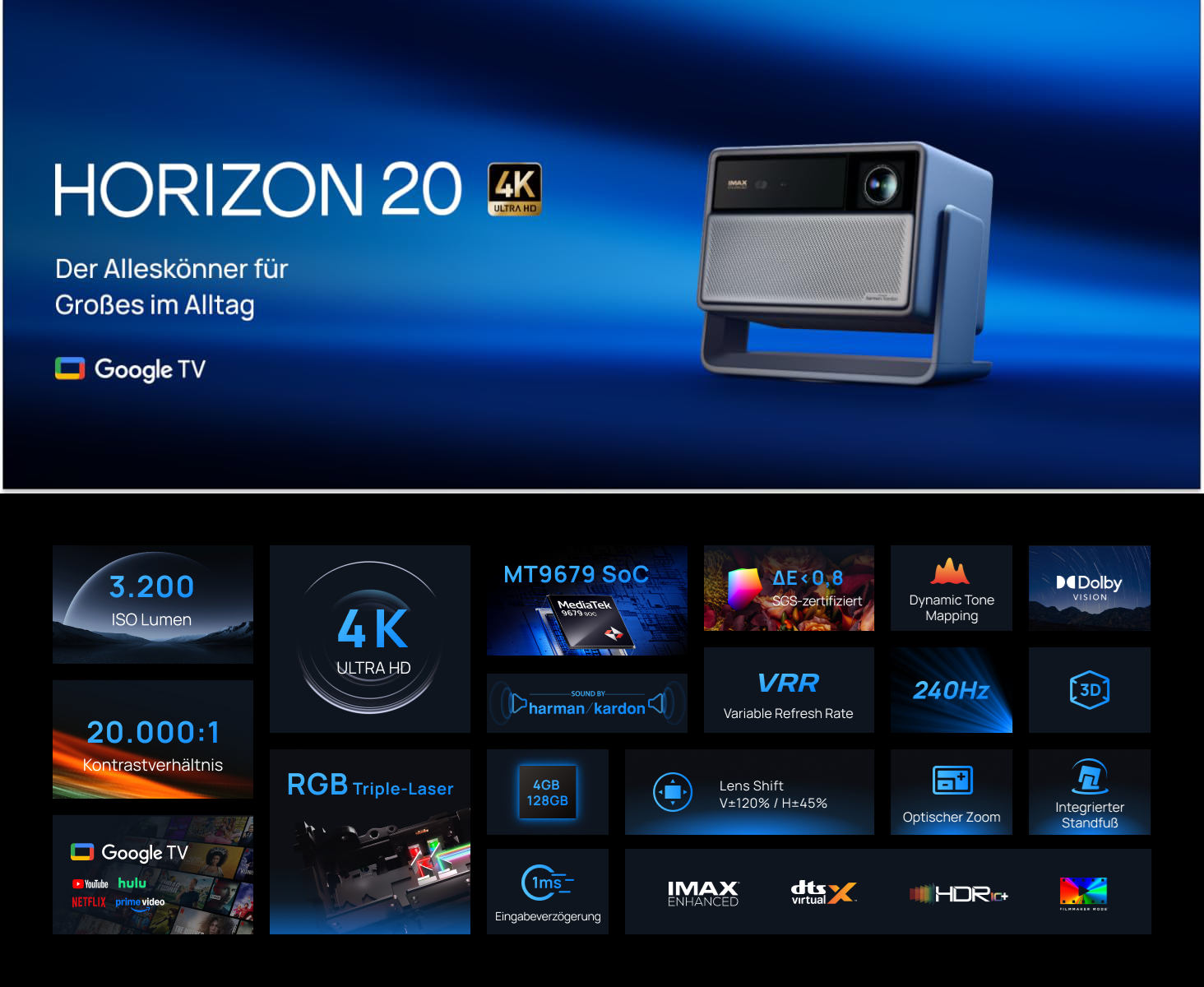Projektor HORIZON 20 4K mit Google TV, 3200 Lumen, 20000:1 Kontrast, MT9679 SoC.