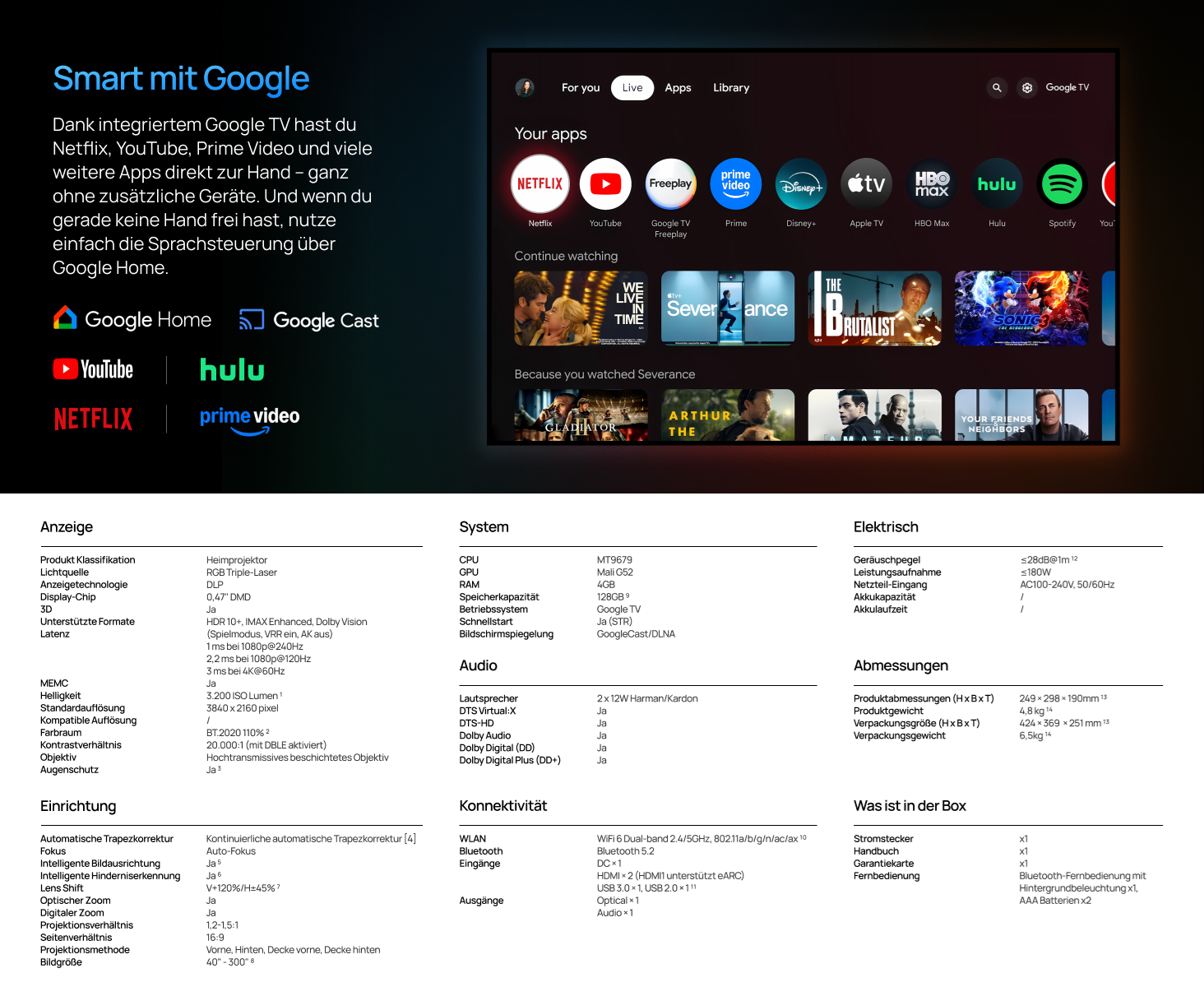 Smart-TV-Oberfläche mit App-Icons, Titellisten und technischen Daten.