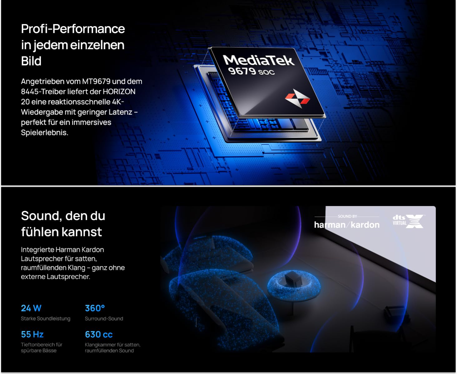 MediaTek 9679 SoC und Harman Kardon Lautsprecher für immersive Bild- und Klangwelten.