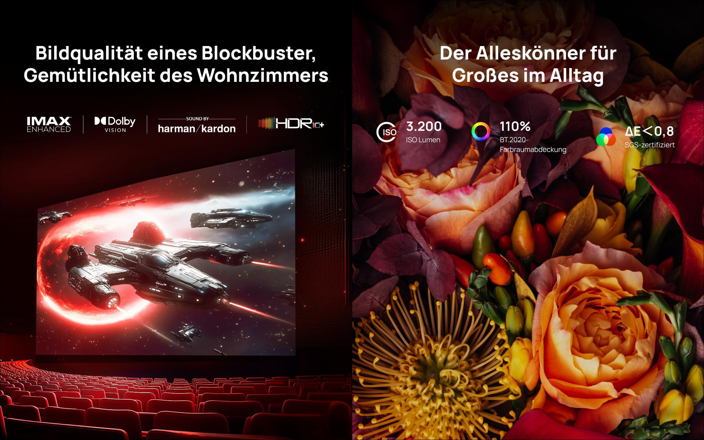 Kinoerlebnis zu Hause: Raumschiffkampf auf Leinwand, davor rote Kinositze. Daneben Blumen.