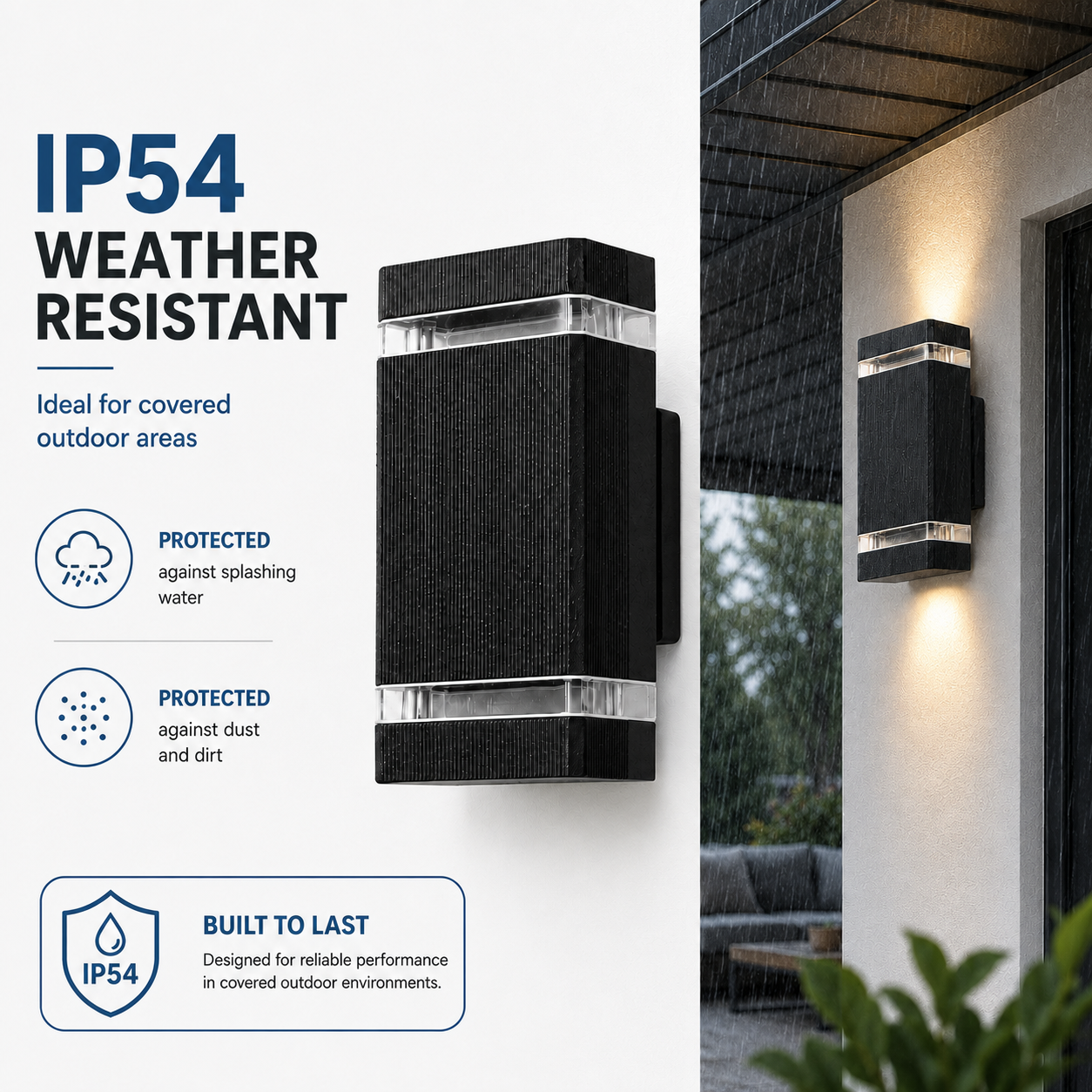 Aplique de pared exterior negro IP54, resistente a la intemperie, ideal para zonas cubiertas.