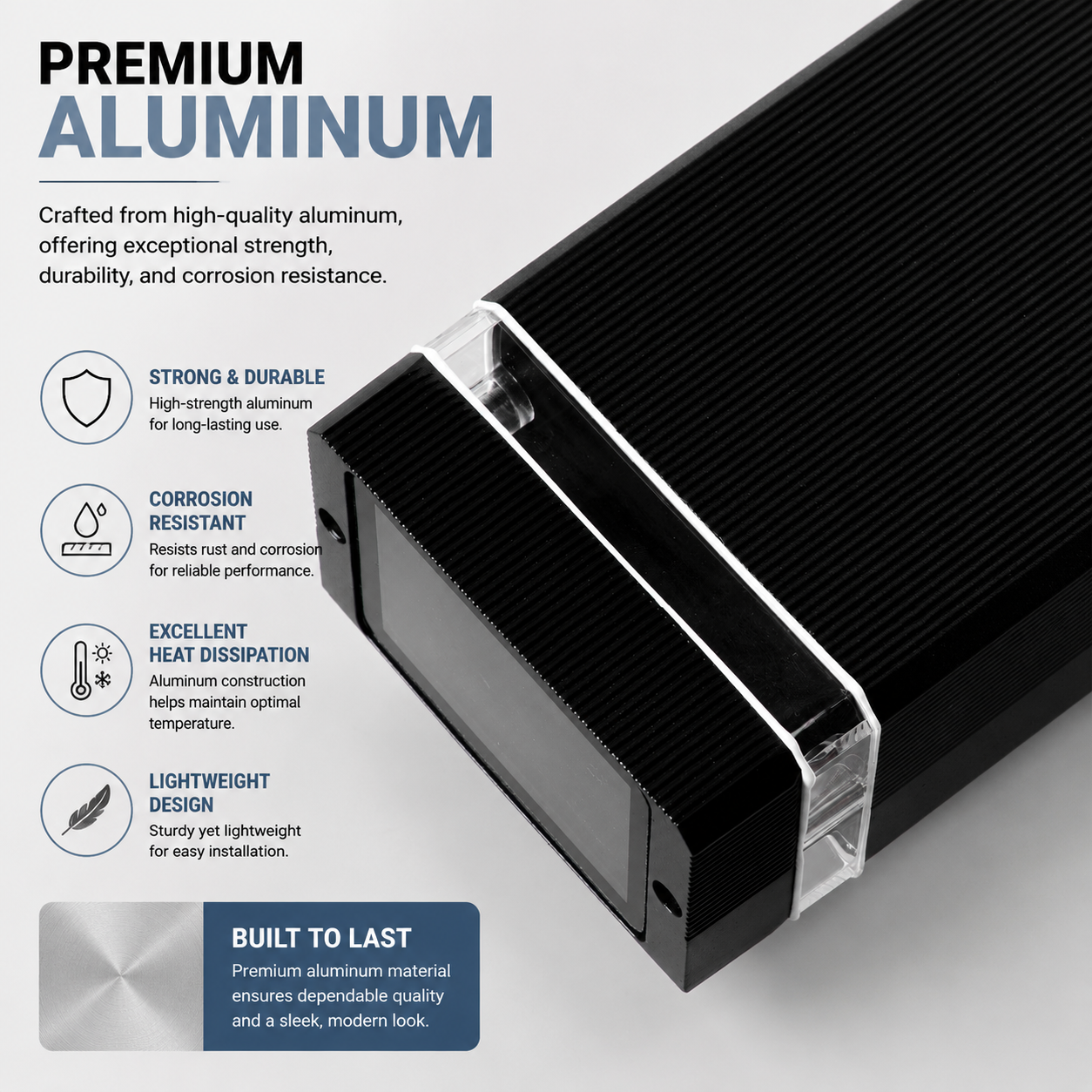Carcasa negra de aluminio acanalado con detalles transparentes. Texto sobre durabilidad.