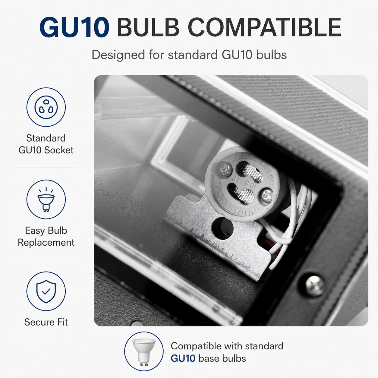 Compatible con bombilla GU10: enchufe estándar, fácil reemplazo, ajuste seguro.