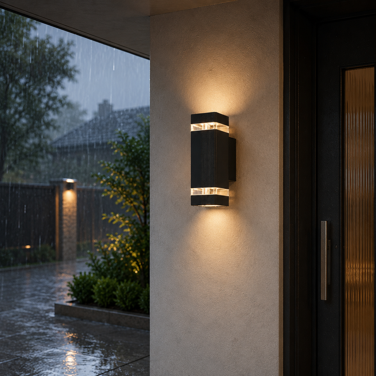 Una lámpara de pared negra ilumina una pared bajo la lluvia. Un camino mojado lleva a la izquierda.