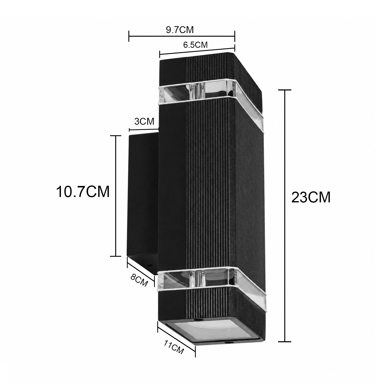 Aplique de pared negro con dimensiones: 23x9.7x6.5x8x11x10.7x3cm.