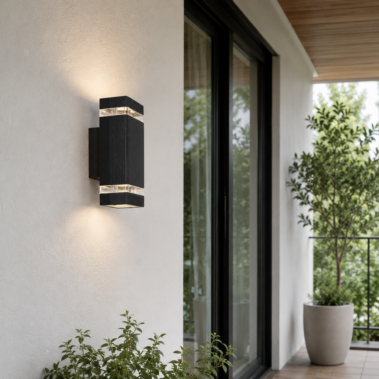 Una lámpara de pared negra con detalles acanalados y acentos de cristal ilumina una pared blanca.