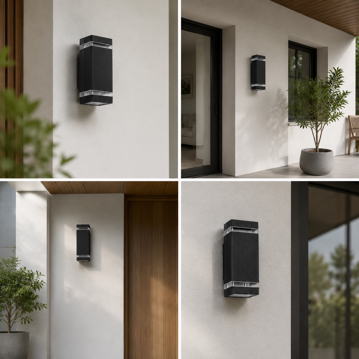 Cuatro vistas de una lámpara exterior moderna de pared negra en pared blanca.