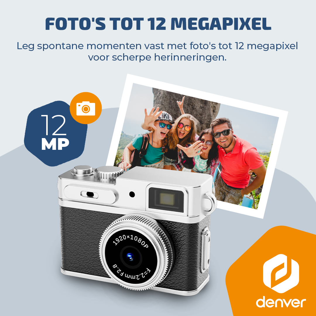 Retro camera met 12 MP, toont een groep vrienden op een foto.