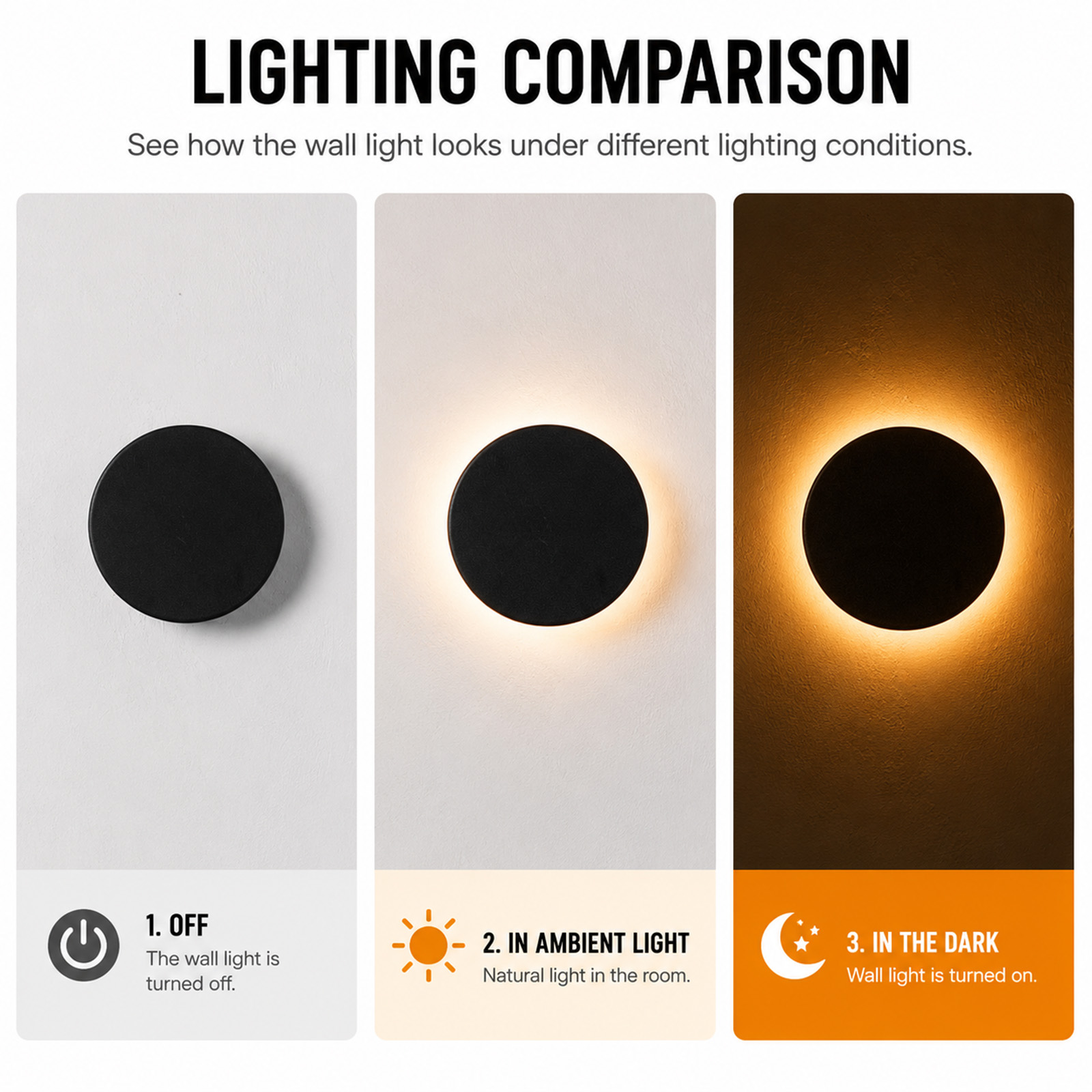 Comparación de una lámpara de pared: apagada, con luz ambiental y en la oscuridad.