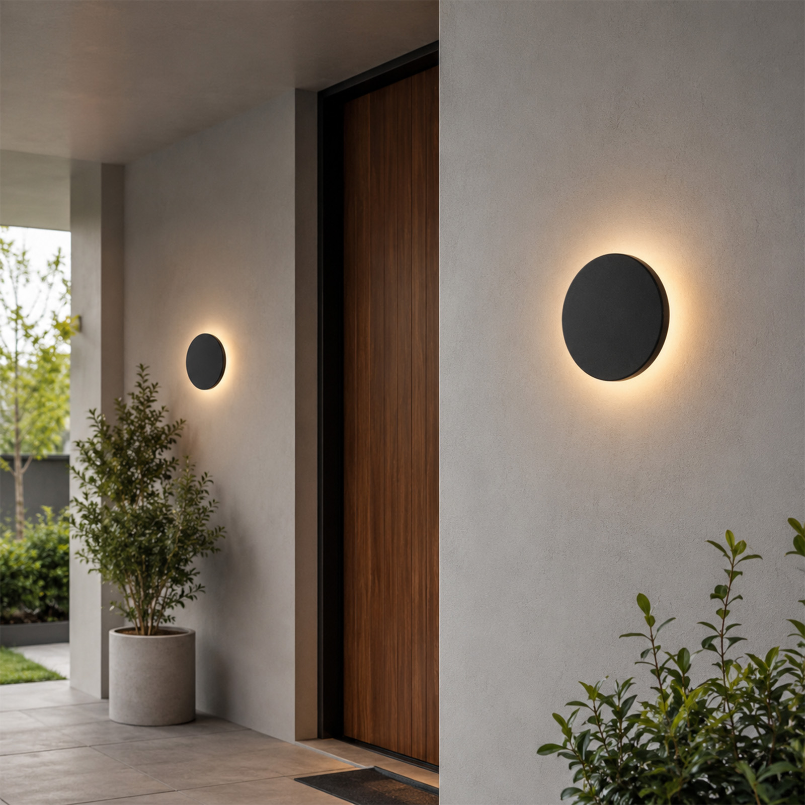 Dos apliques redondos iluminan una pared junto a una puerta de madera. Un arbusto en primer plano.