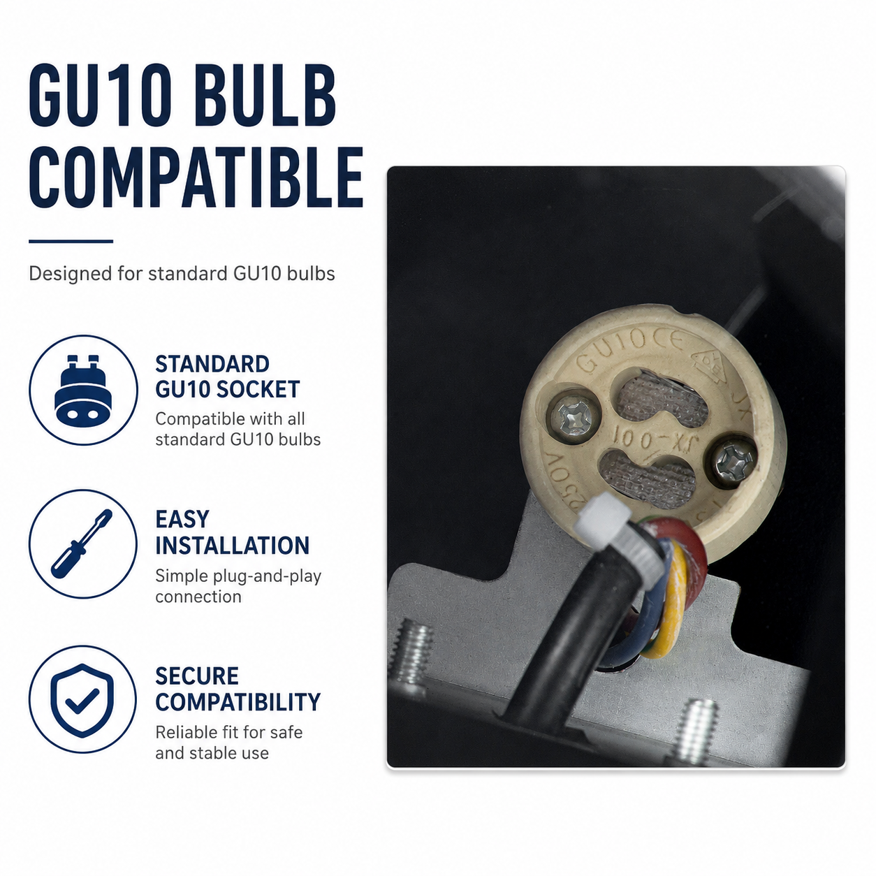 Primer plano de un portalámparas GU10 con cables y tornillos. El texto menciona compatibilidad.