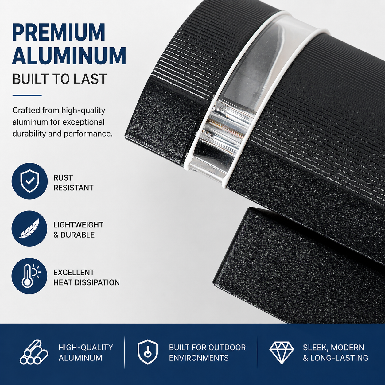 Producto de aluminio negro con texto sobre calidad premium, resistencia al óxido, ligereza y disipación de calor.