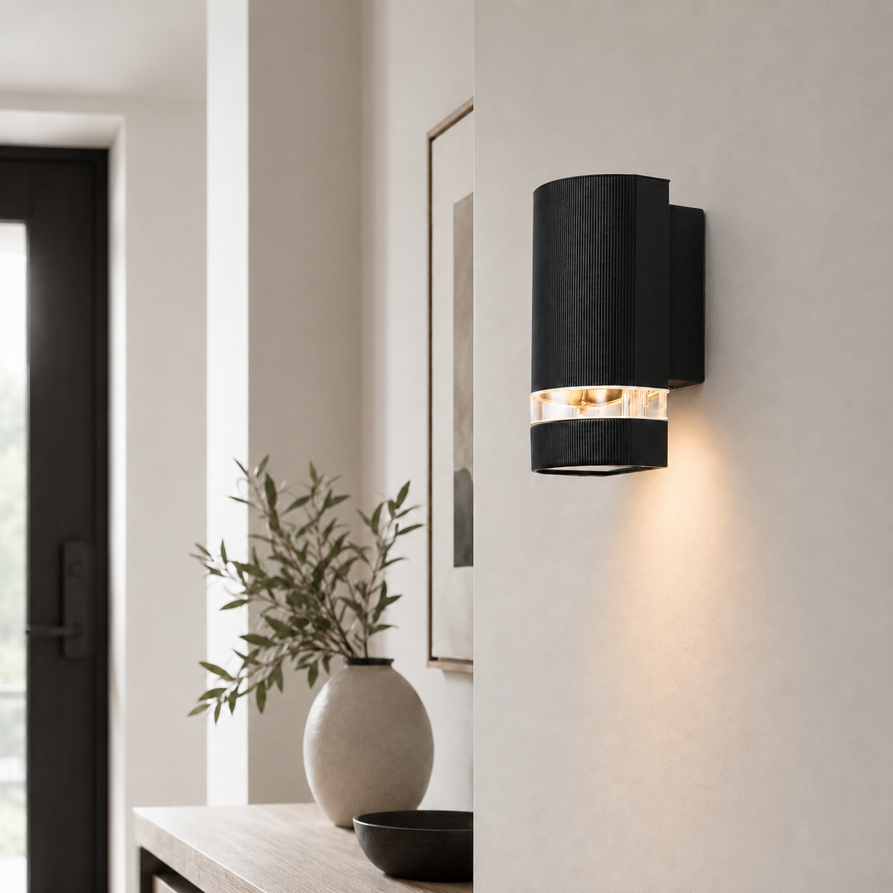 Una lámpara de pared negra moderna con textura acanalada en pared clara.