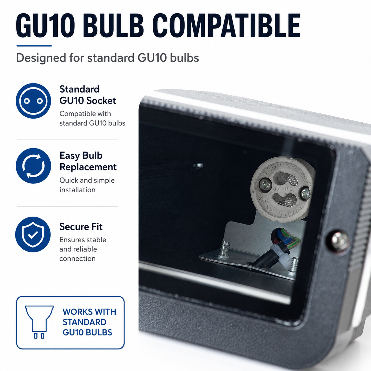 Casquillo de bombilla GU10 con iconos para fácil instalación y ajuste seguro.