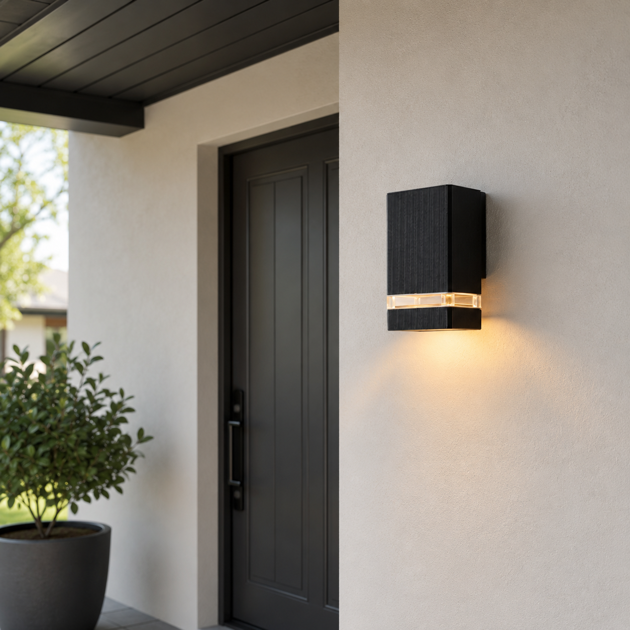 Aplique de pared negro con iluminación junto a una puerta oscura y una planta en maceta.