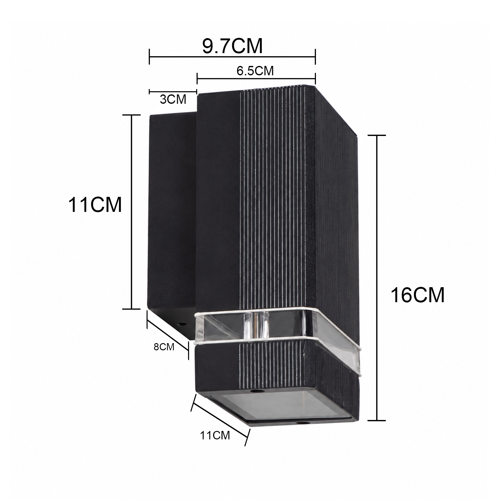 Aplique de pared negro con dimensiones: 16cm Al, 9.7cm An, 8cm Pr.