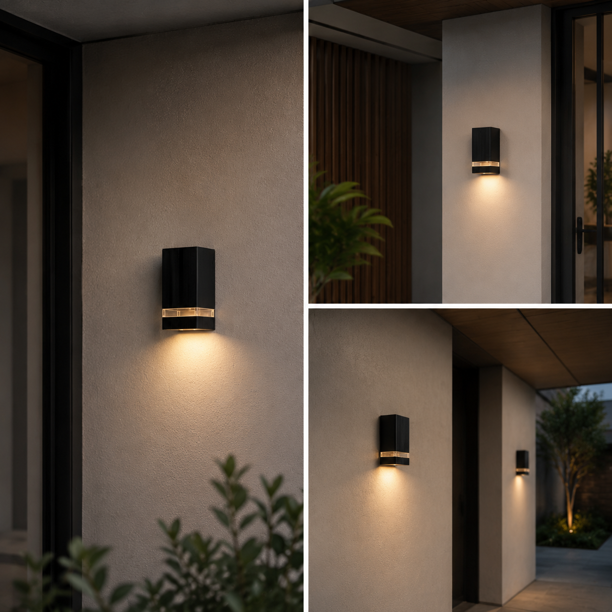 Aplique de pared negro moderno ilumina pared y plantas.