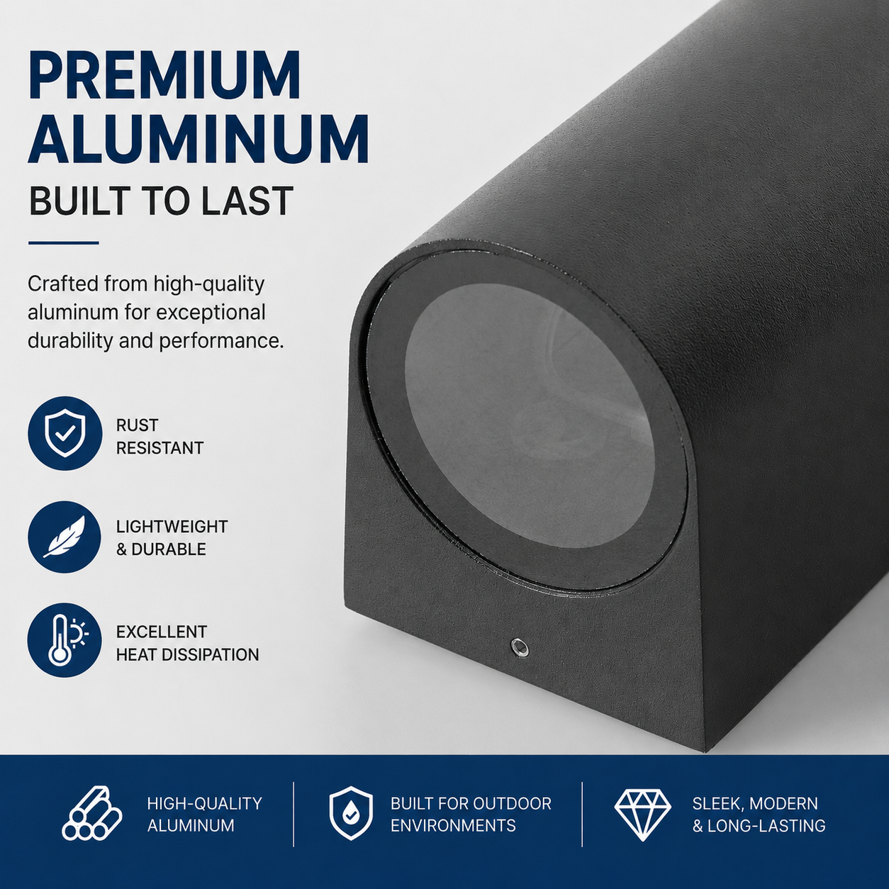 Luminaria exterior de aluminio negro con texto sobre diseño premium, resistente al óxido y elegante.