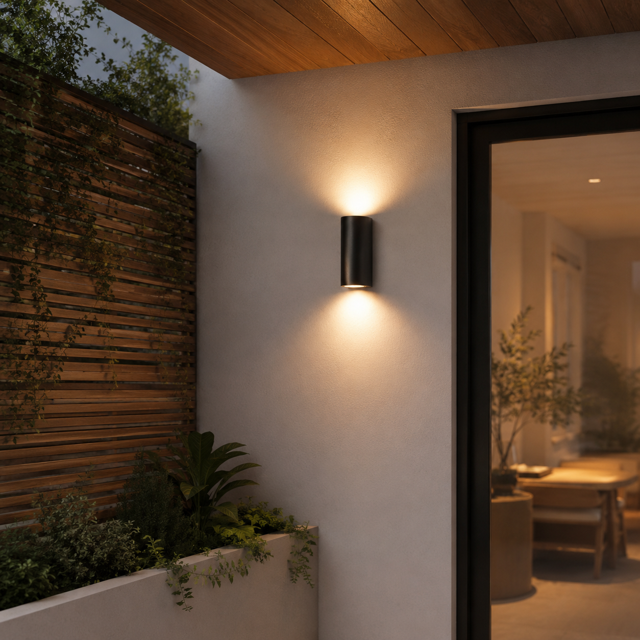 Aplique de pared negro ilumina pared blanca junto a valla de madera y plantas.