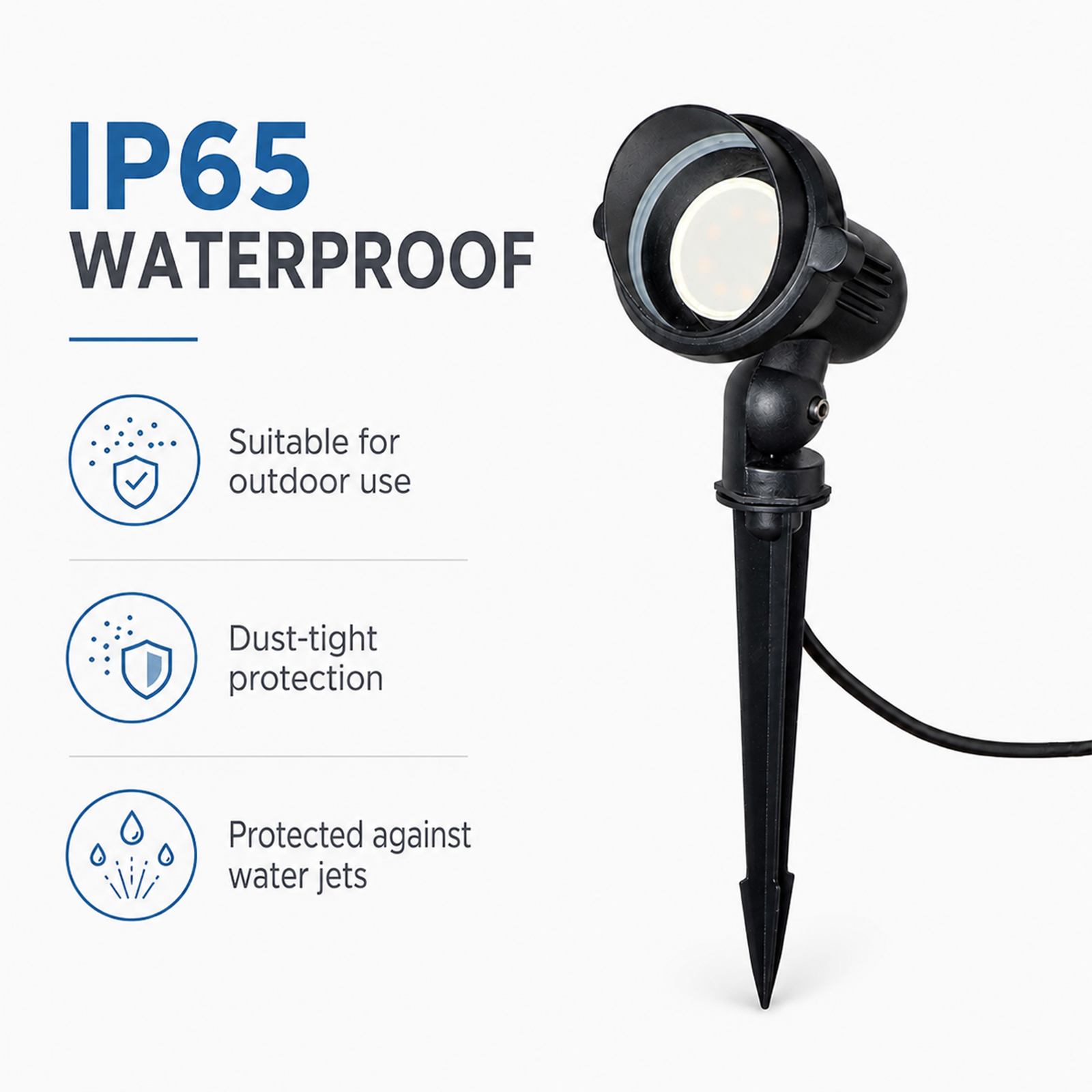 Foco exterior negro con clasificación IP65 a prueba de agua, apto para uso exterior.