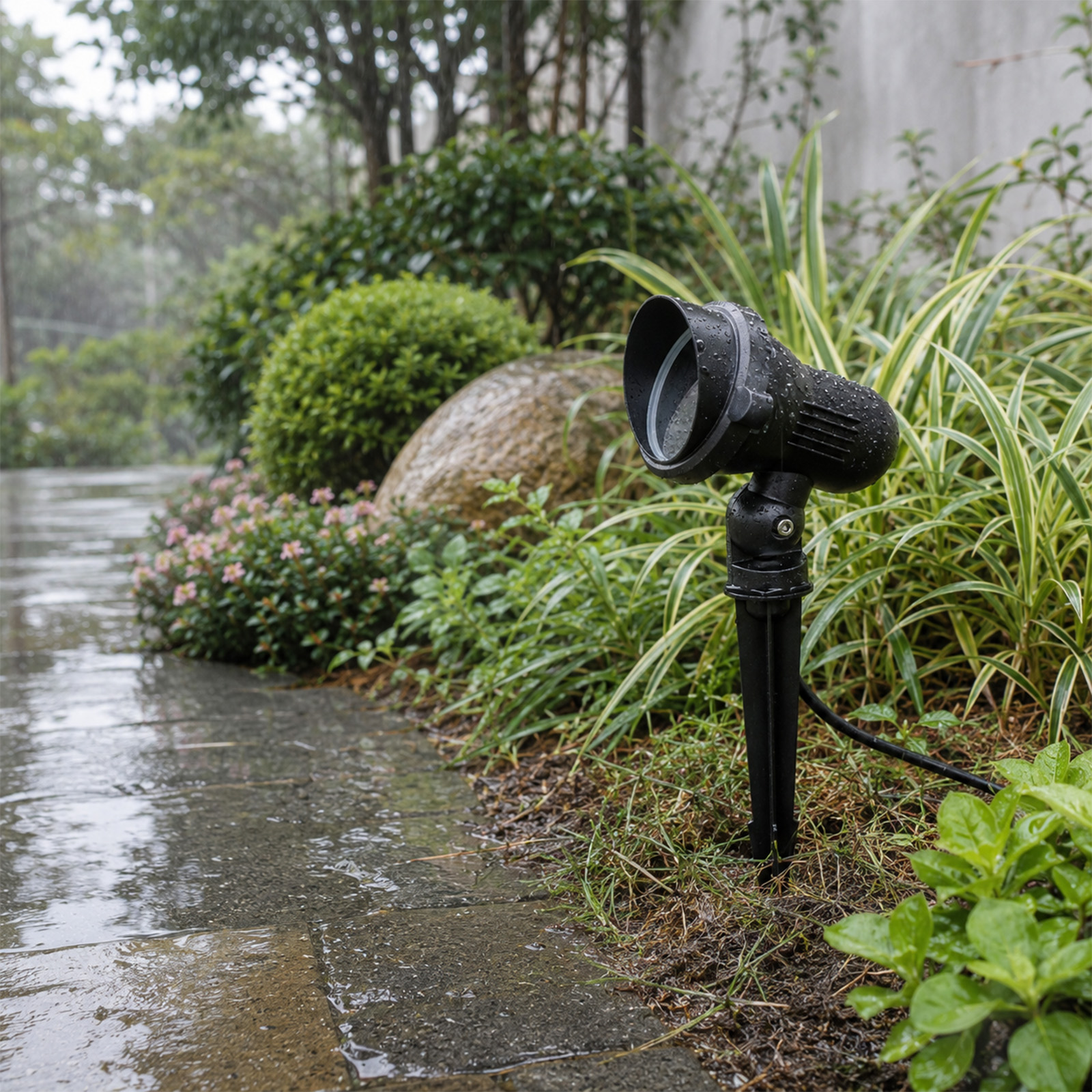 Un foco exterior negro se encuentra bajo la lluvia junto a un camino pavimentado.