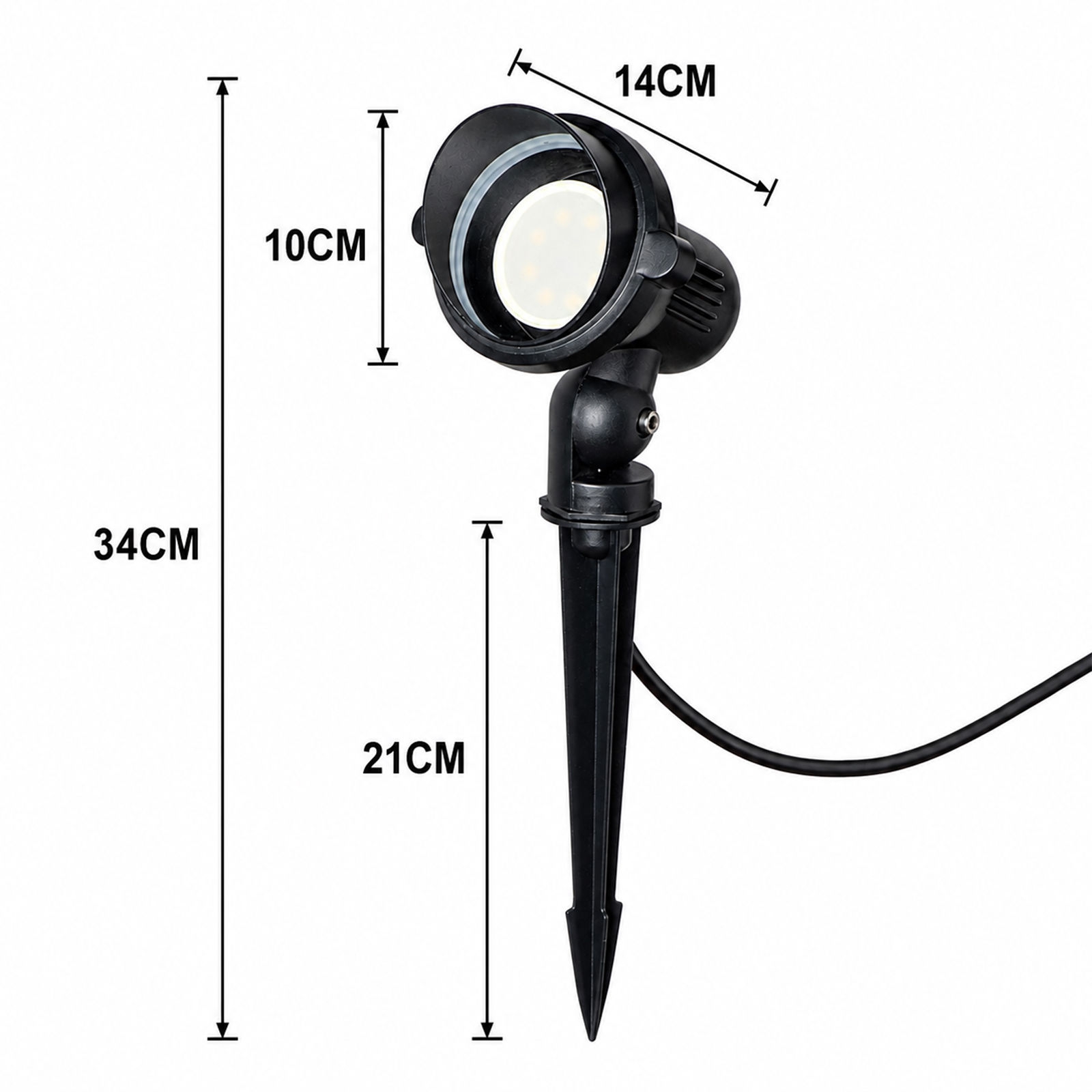 Foco LED negro para jardín con pica de tierra y dimensiones.