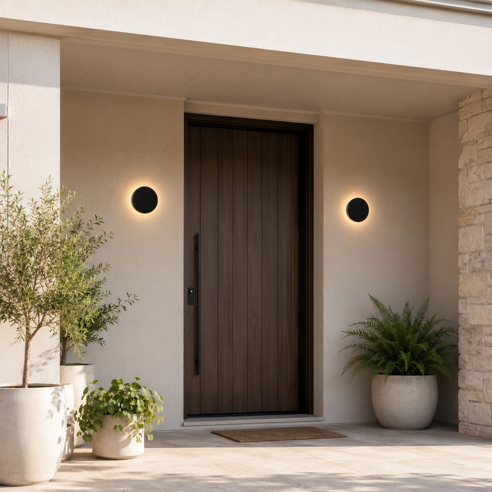Puerta de entrada con plantas y apliques.