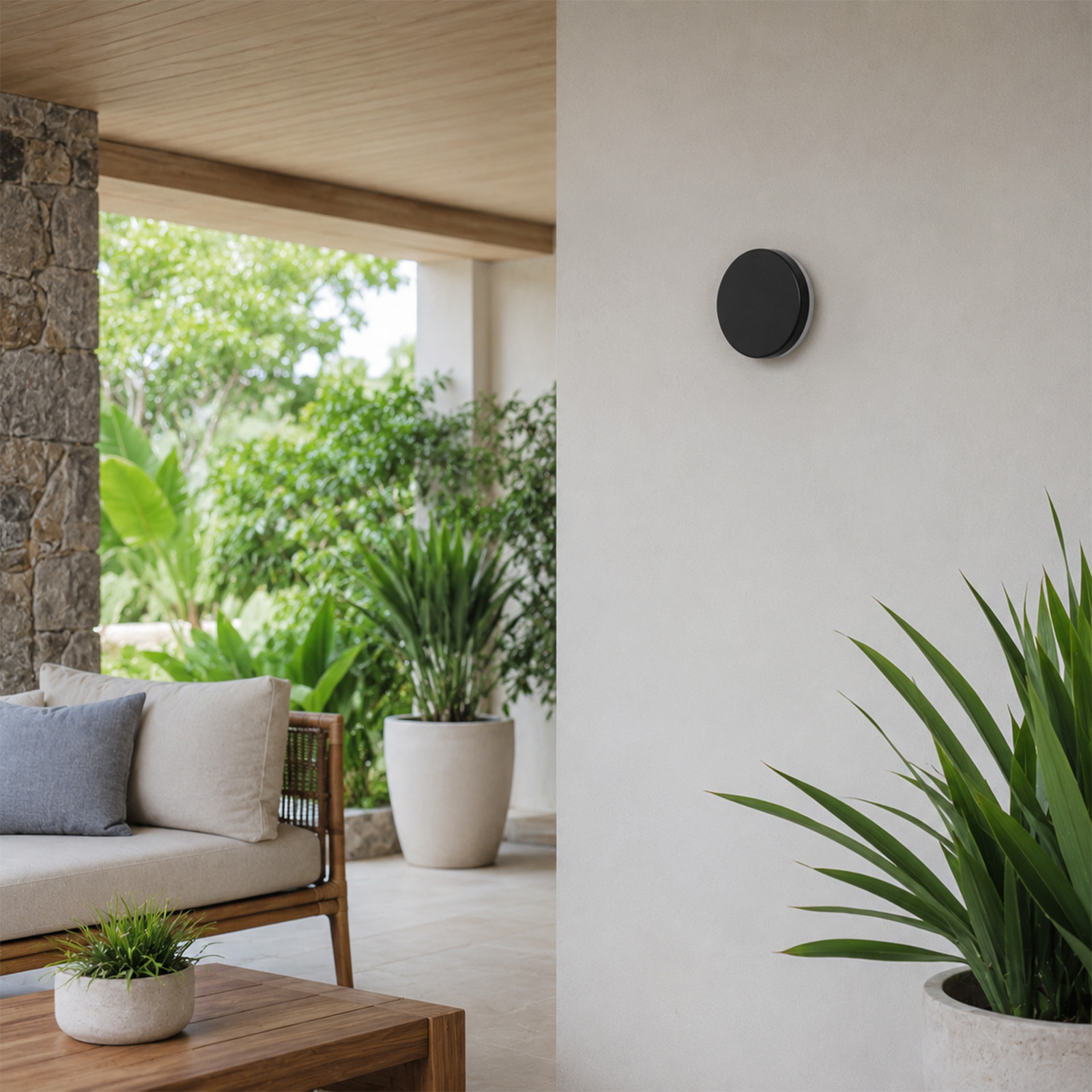 Un dispositivo redondo negro en una pared blanca junto a plantas y un sofá.