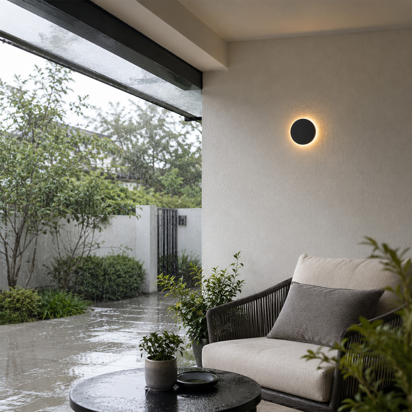 Lluvia en un patio cubierto con muebles y plantas.