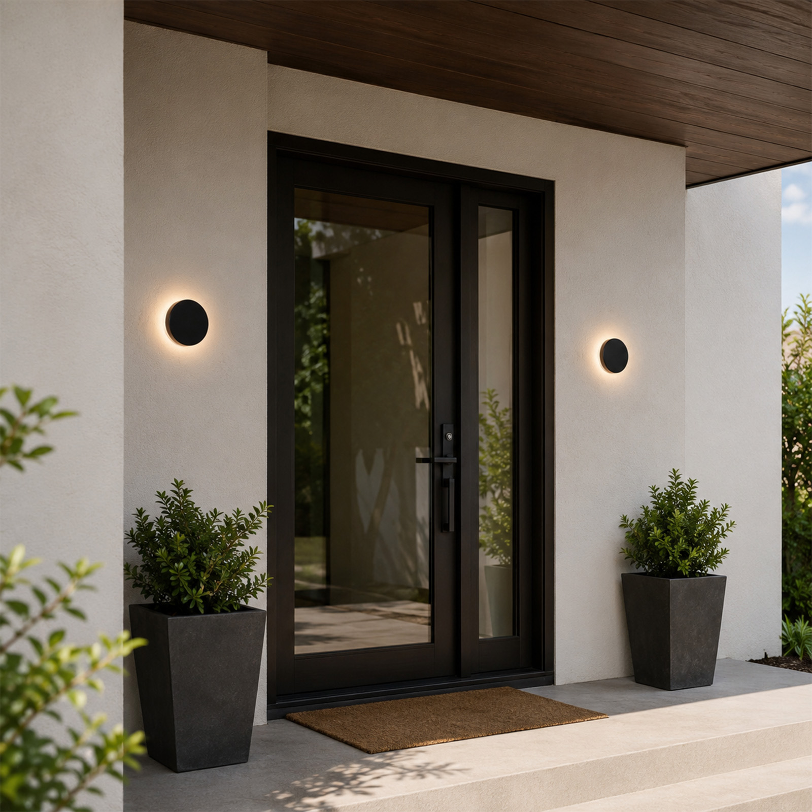 Puertas dobles negras con faroles y plantas en macetas grises.